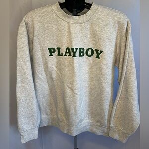 Playboy by PacSun Men's Gray Crewneck Sweater with Green Text